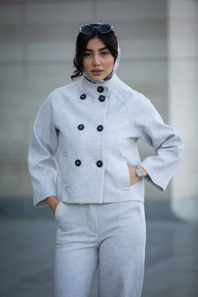 پالتو کراپ کت یقه قیفی (طوسی)