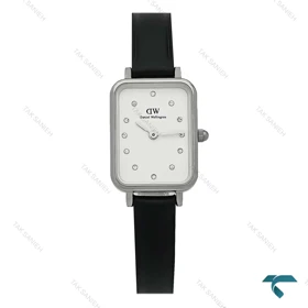 ساعت زنانه DW مستطیلی نقره ای بند چرم صفحه سفید نگین‌دار DW-8380-L
