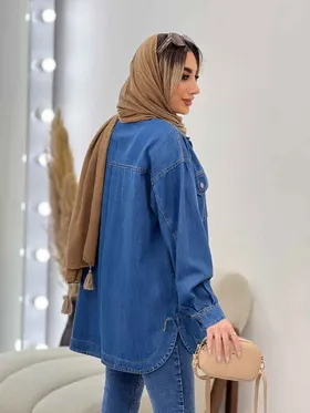 مانتو جین برش‌دار دو جیب پاکتی
