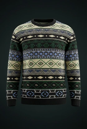 پلیور بافتنی وینتیج رنگ سبز و کرم و ابی طرح سنتی ایرانی فوقالعاده شیک باکسی