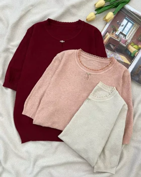 بلوز بافت آستین سه ربع یقه پاپیون کد 5297