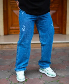 شلوار فول بگ آبی مردانه کد 1346 پارچه جین کجراه قد 108 سانتی متر