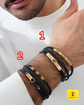 دستبند مردانه چرم و استیل