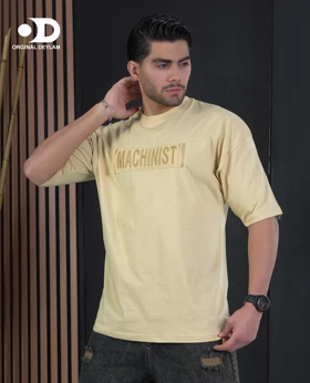 تیشرت مچینست چاپ کاتری کرم خردلی مردانه پارچه پنبه اعلا گرد باف