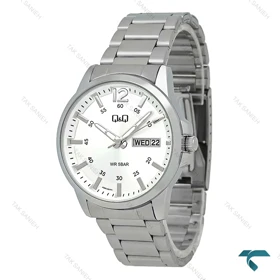 ساعت مچی کیو اند کیو مردانه استیل صفحه سفید دو تقویمه QQ-7783-G