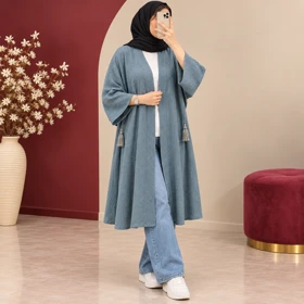 مانتو کیمونو پارچه کراش جلوباز کد 6080 (طوسی)
