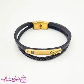 دستبند پسرانه چرم و استیل مدل گوچی Gucci مشکی طلایی