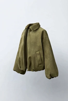 ژاکت بامبر دخترانه طرح جیر (Suede-Look) – رنگ سبز زیتونی