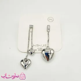 گوشواره دخترانه نگین‌دار با آویز قلب نقره ای