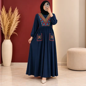پیراهن گلدوزی سنتی مدل ترنج کد 6088 (سرمه ای)