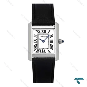ساعت زنانه کارتیه تانک نقره ای بند چرم مشکی اسمال Cartier-7922-L
