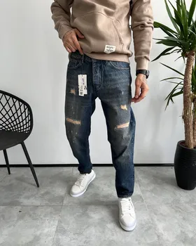 شلوار مام فیت آبی کثیف شور زاپ‌دار ZARA
