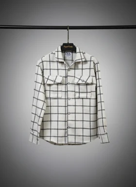 پیراهن پشمی چهارخانه سفید مشکی مدل لش باکسی اولد مانی اورجینال دیلم