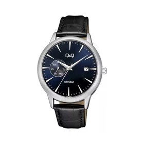 ساعت مچی کیو اند کیو مردانه چرمی سیلور صفحه سرمه ای QQ-5536-G
