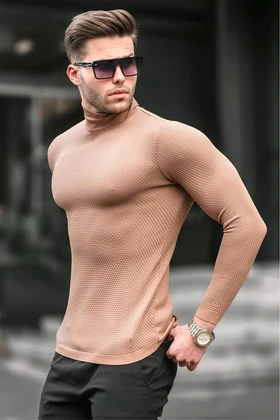 ژاکت بافتنی مردانه یقه اسکی رنگ بیسکویت 6306