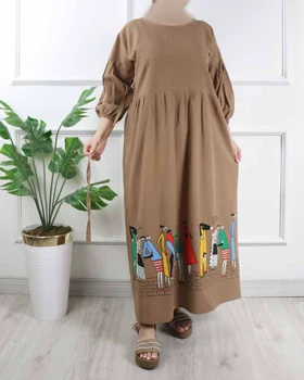 پیراهن لینن چاپ طرح بازار 6146 (قهوه ای)