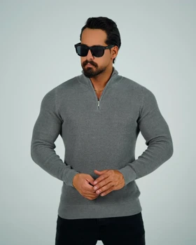 بافت نیم‌زیپ مردانه یقه‌ایستاده Slim Fit