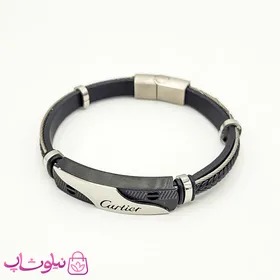 دستبند مردانه چرم و استیل کارتیه سیلور