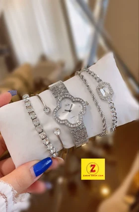 ست کامل 5تیکه ساعت و دستبند نگینی زنانه