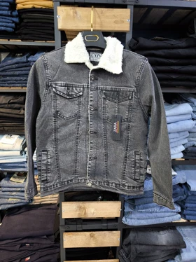 کت جین دودی مردانه آستر خز بره ای ضخیم دوخت صنعتی اسلیم فیت