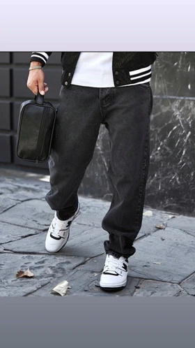 شلوار نیم بگ ذغالی سیر مردانه پارچه جین ترک-فول