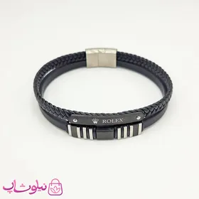 دستبند مردانه چرم استیل رولکس مشکی نقره ای