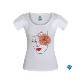 تیشرت ضدتعریق زنانه سفید طرح چهره و گلبرگ