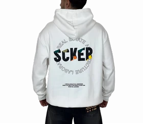 هودی سفید اورسایز گرافیکی SCKER - طرح چاپ پشت - مناسب استایل یونیسکس