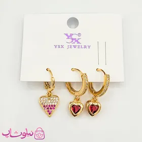 گوشواره سه تایی دخترانه YSX مدل قلب قرمز