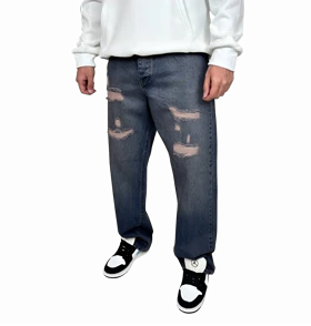 شلوار جین مردانه بگ (Baggy Fit) - آبی تیره زاپدار - فیت آزاد و لش