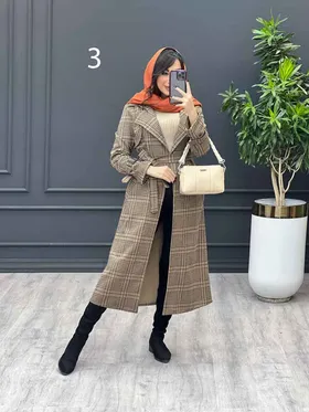 پالتو چهارخونه بلند آستین سگک
