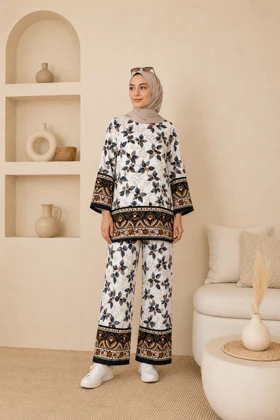 ست بلوز و شلوار نخی طرح برگ کد 50015 (مشکی)