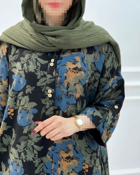 پیراهن جلوبسته کنفی طرح‌دار با آستین پاکتی