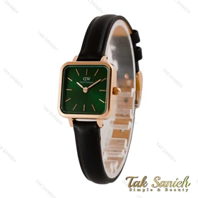 ساعت دنیل ولینگتون زنانه مربعی رزگلد بند چرم مشکی صفحه سبز DW-4804-L