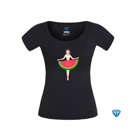 تیشرت ضدتعریق زنانه مشکی طرح دختر دامن هندونه ای (تاپ سفید)