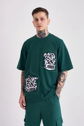 تیشرت سبز بنزینی مردانه Dama Patch Oversize M1966