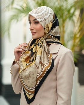 روسری ابریشم ژاکارد قواره 120 30206 (مشکی کرم)