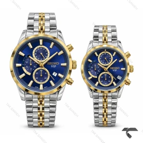 ست ساعت عروس داماد سیکو دورنگ طلایی صفحه سرمه ای کرنوگراف Seiko-11449-S