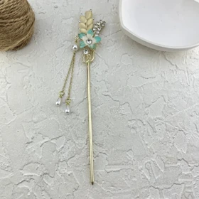 کانزاشی مو زنانه فلزی مدل فلورنا طرح گل مینایی با آویز مرواریدی