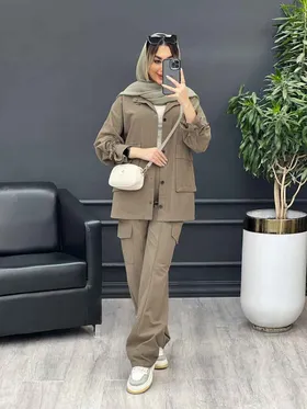 مانتو و شلوار آستین بندی دو جیب پاکتی