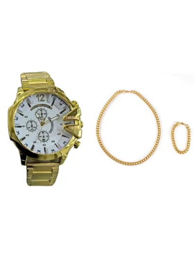 ست ساعت مچی مردانه طلایی صفحه سفید مدل U700 + دستبند و گردنبند کارتیه رنگ طلایی