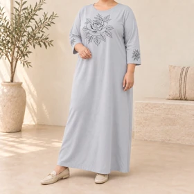 پیراهن ساحلی قواره آزاد طرح گل 5023 (طوسی)