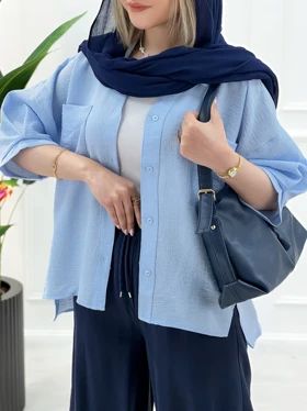 شومیز مانتویی پشت بلند زنانه روشا - آبی روشن