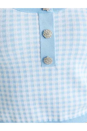 X Tuba Ünsal - لباس بافتنی بلوز استین کوتاه دکمه سنگی Gingham 24k013463b0003