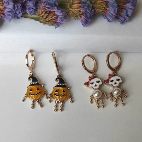 ست 2 تایی گوشواره آویز هالووین (کدو تنبل جک فانوس و شبح) – آبکاری طلا (Limited Edition)