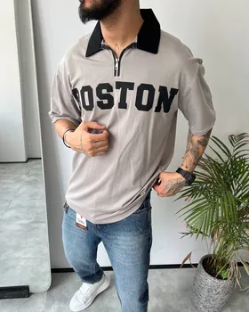 تیشرت دورس نیم زیپ دونخ خارنخورده یقه دار BOSTON رنگ طوسی