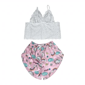 ست نیمتنه گیپور و شلوارک طرح یونی کورن 026