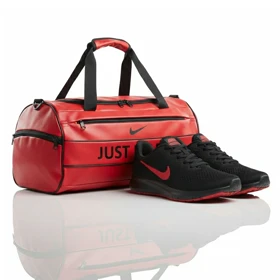 پکیج کفش ورزشی tigo مشکی قرمز + ساک ورزشی نایکی just do it