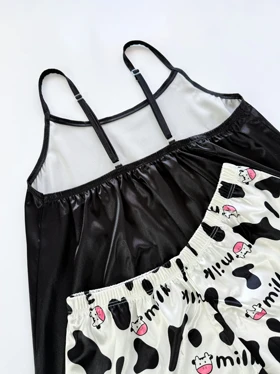 ست لباس خواب تاپ و شورتک ساتن طرح گاو