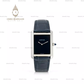 ساعت مچی کارتیه تانک صفحه مهندسی مردانه بند چرمی سرمه ای Cartier Tank